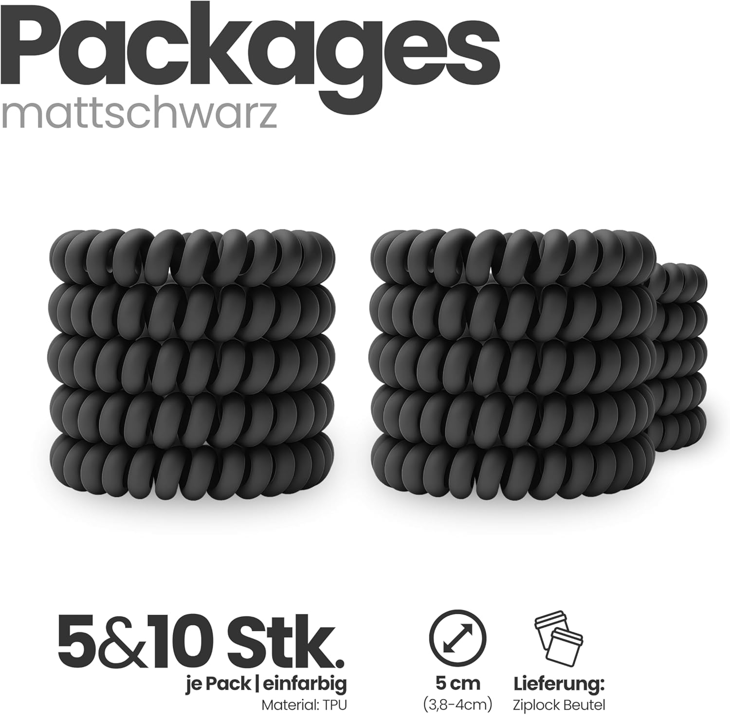 Specora - Spiral Hair Scrunchies Pack of 10-5 Cm TPU Matte Black
