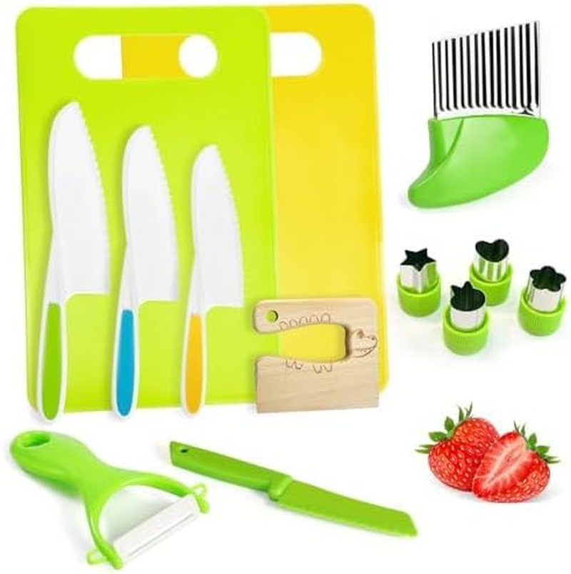 Montessori Kitchen Tools for Toddlers Kids Cooking Sets Safe Knife Set for Real Cooking Include Toddler Knives Cutting Boards Sandwich Cutters Peeler for Birthday (15 Pcs)