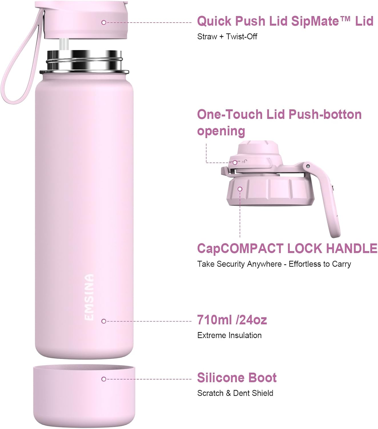 Emsina 1 Pack Insulated Water Bottle with Straw,24Oz/710Ml Stainless Steel Drinking Bottle,Leakproof Travel Cup with 2 Lids (Straw & Locking Chug Lid),Bpa-Free Sports Flask,Pink