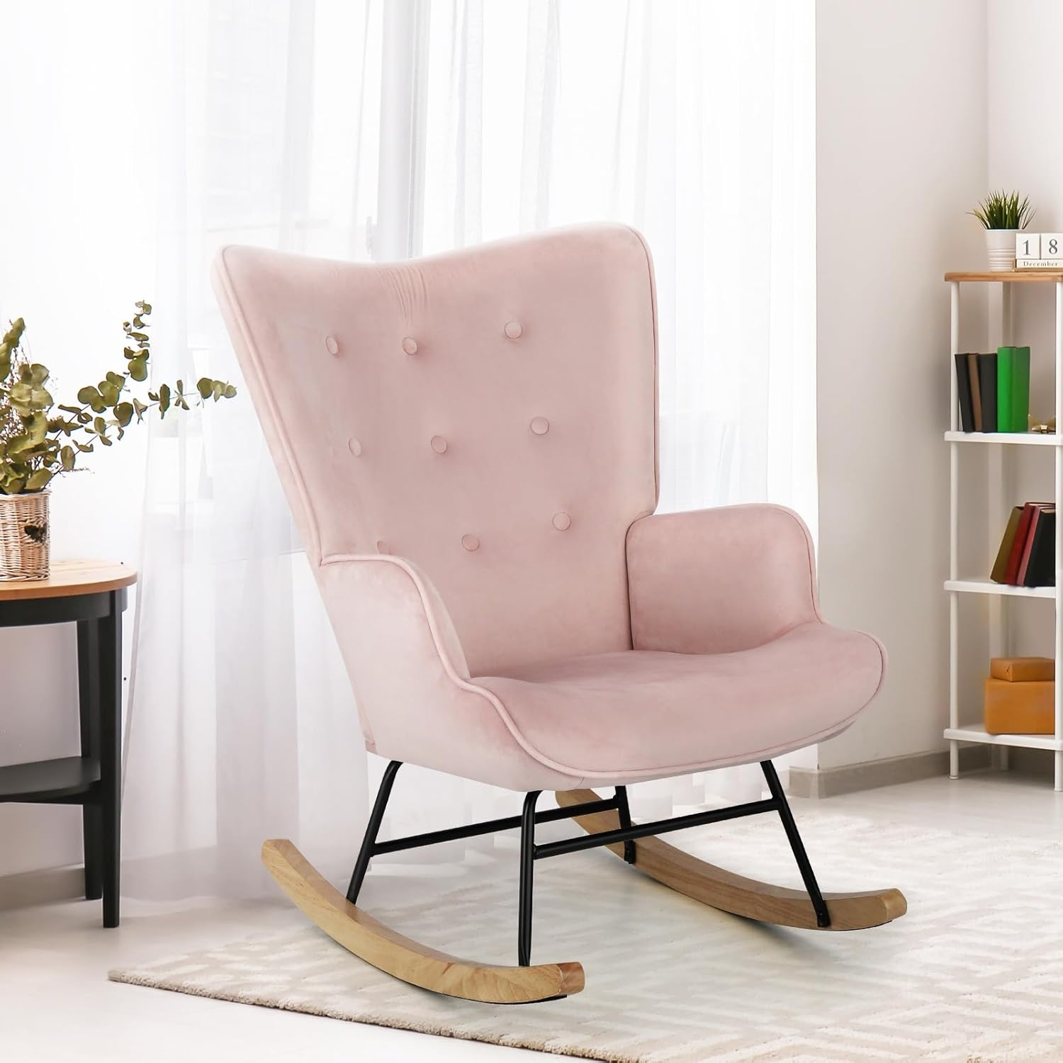 Oikiture Armchair Rocking Chair Fabric Lounge Pink image number 6