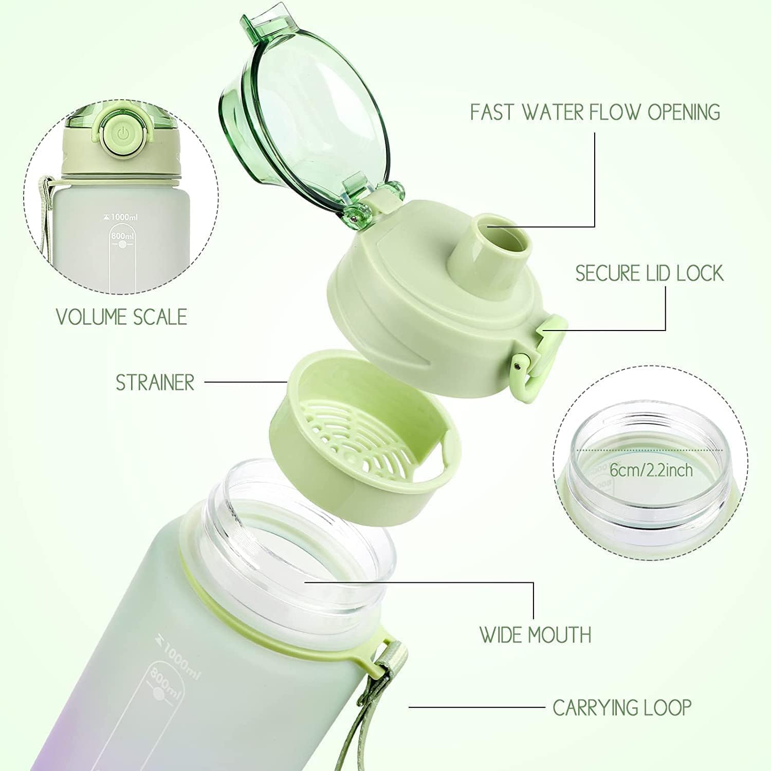 Peacafulife 1Litre Water Bottle Sport Drinks Bottle 1L Water Bottle with Lock Cover & Leak Proof,For Gym, School,Cycling,Outdoor,Sports,Fitness& Office (Green) image number 1