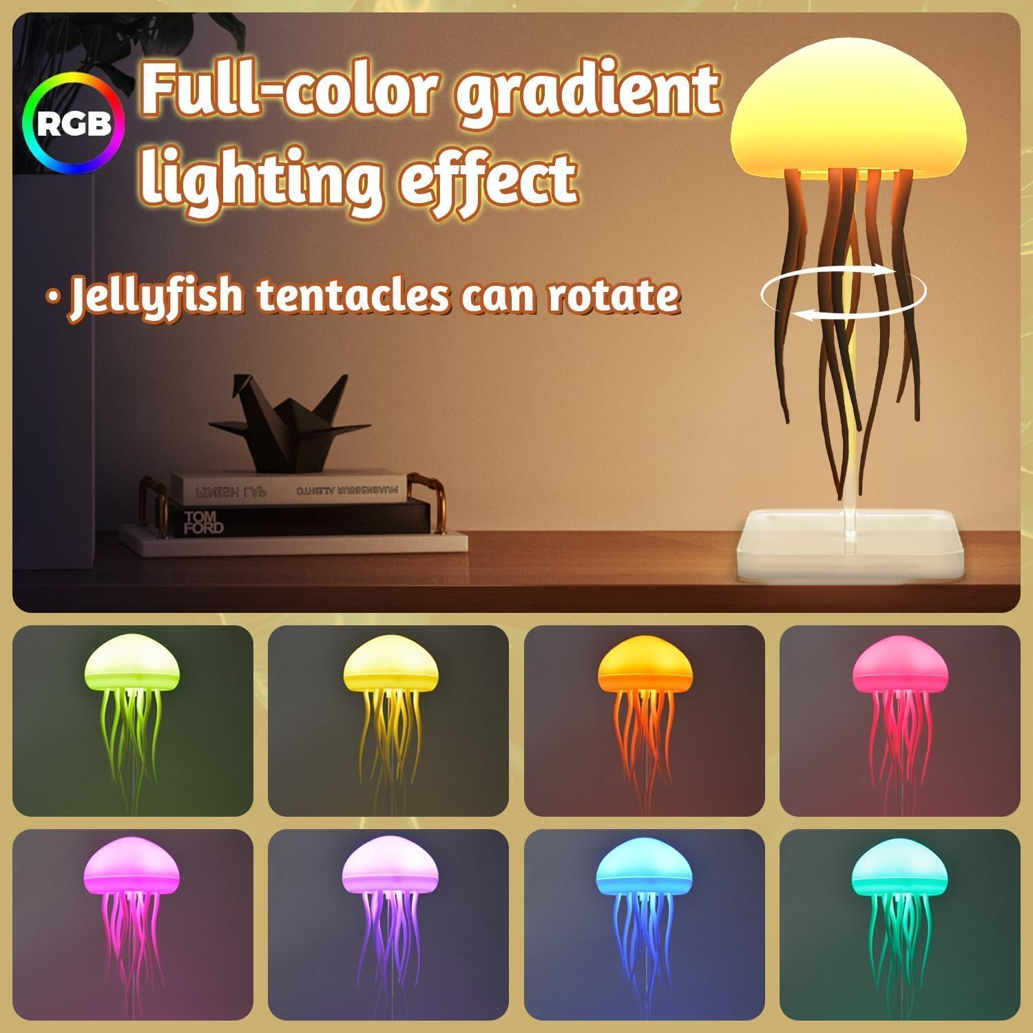 Voice-Controlled LED Jellyfish Lamp, RGB Gradient Jelly Fish Light with Dancing Legs, Touch Sensor Rechargeable Cute Desk Lamp for Bedrooms, Living Room (Hanging + Base) image number 6