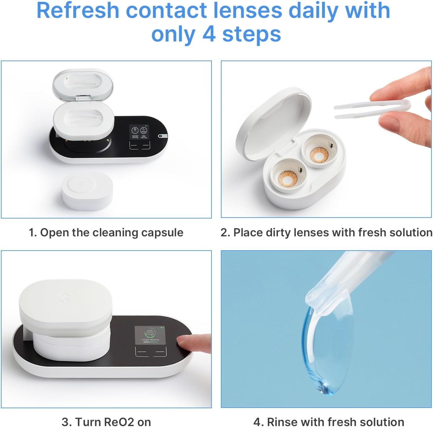 3N Reo2 Contact Lens Cleaner, Electrophoresis Technology, FDA 510K Approval, with Mirror and Tweezer, Deep Clean Daily Disposable, Weekly and Monthly Lens, Advanced Contact Lens Care Solution (White) image number 5