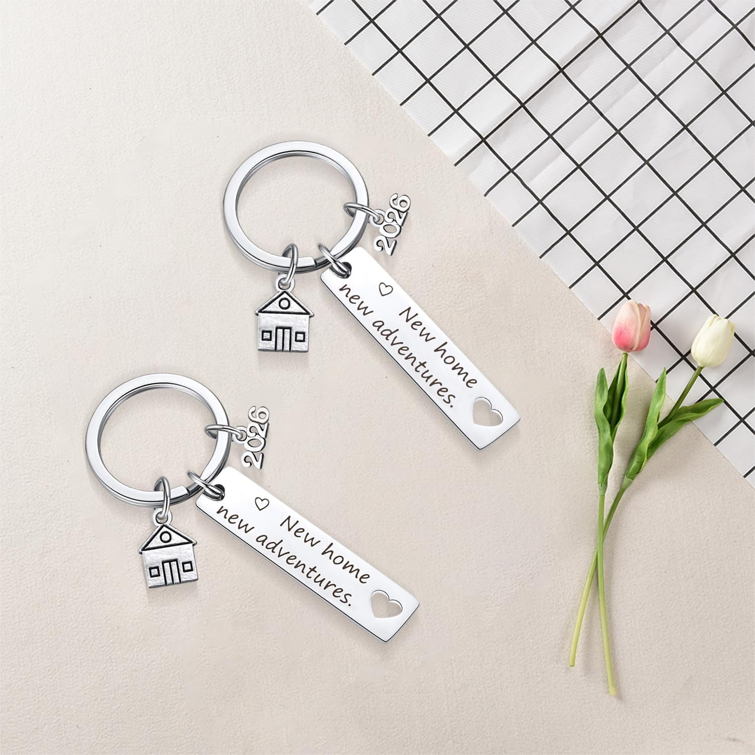 Funcyboo 2Pcs New Home Keychain, 2025 Adventures Keyrings Stainless Steel New House Keychain Housewarming for New Homeowner Sweet Home Owners image number 5