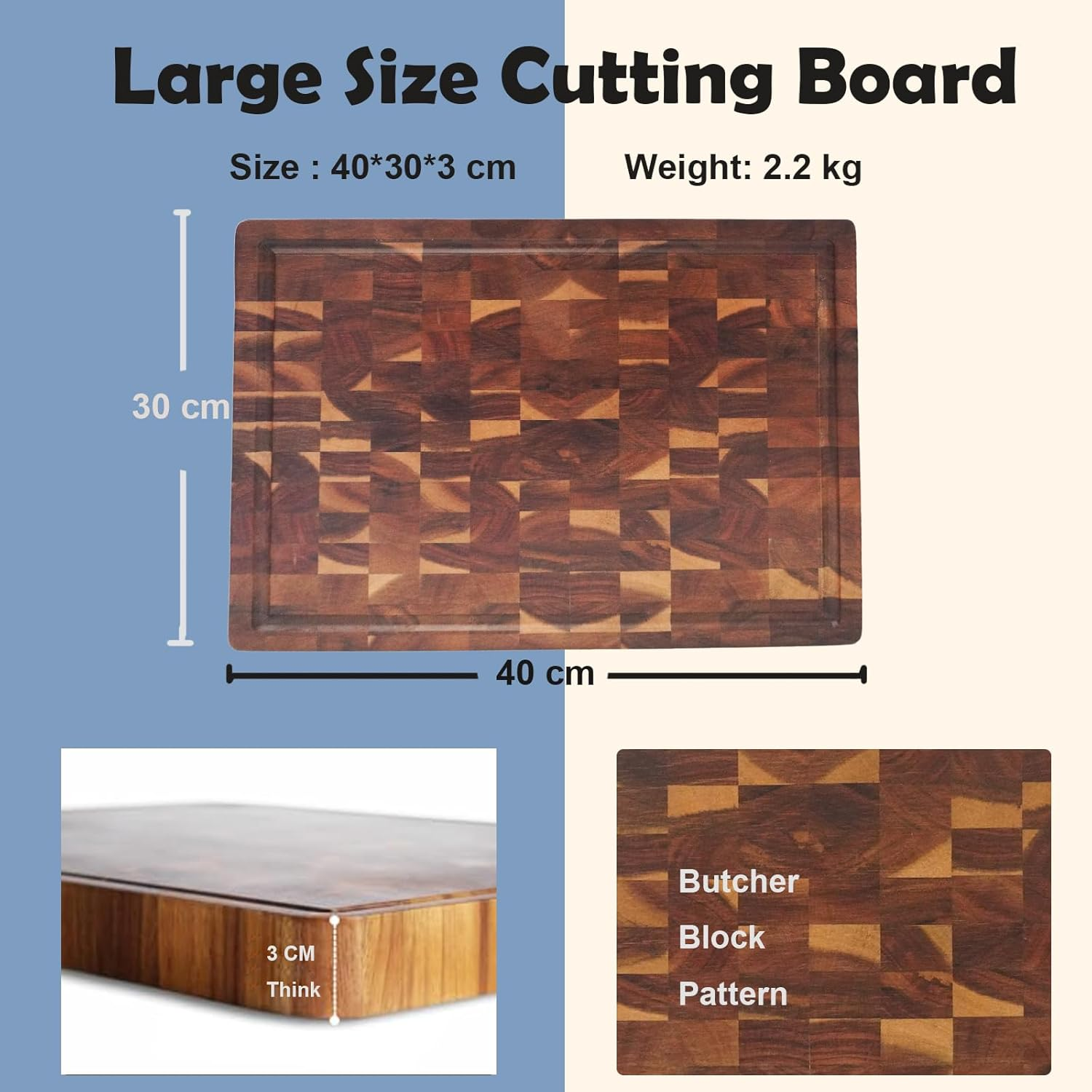 Wooden Chopping Board, End Grain Cutting Boards with Juice Groove & Handle, 40 * 30 * 3 CM Checkered Chopping Board Charcuterie Board, Chopping Mat for Meat, Vegetables, Fruit image number 4