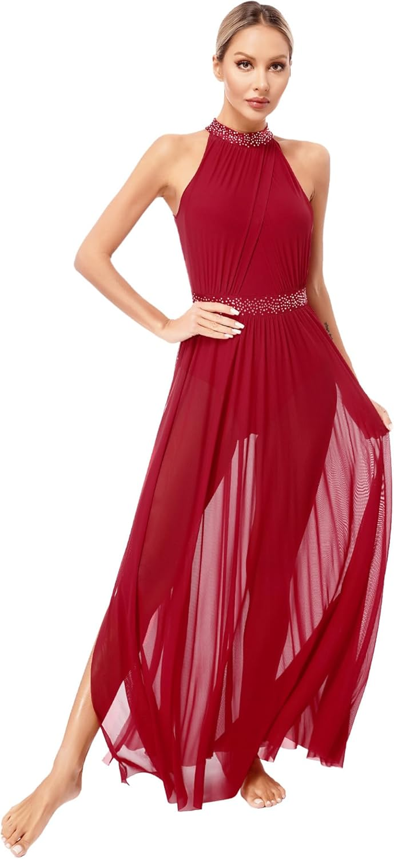 Manyakai Women'S Rhinestones Halter Neck Lyrical Dance Dress Gymnastic Dance Leotard Maxi Dress Flowy Tulle Dress