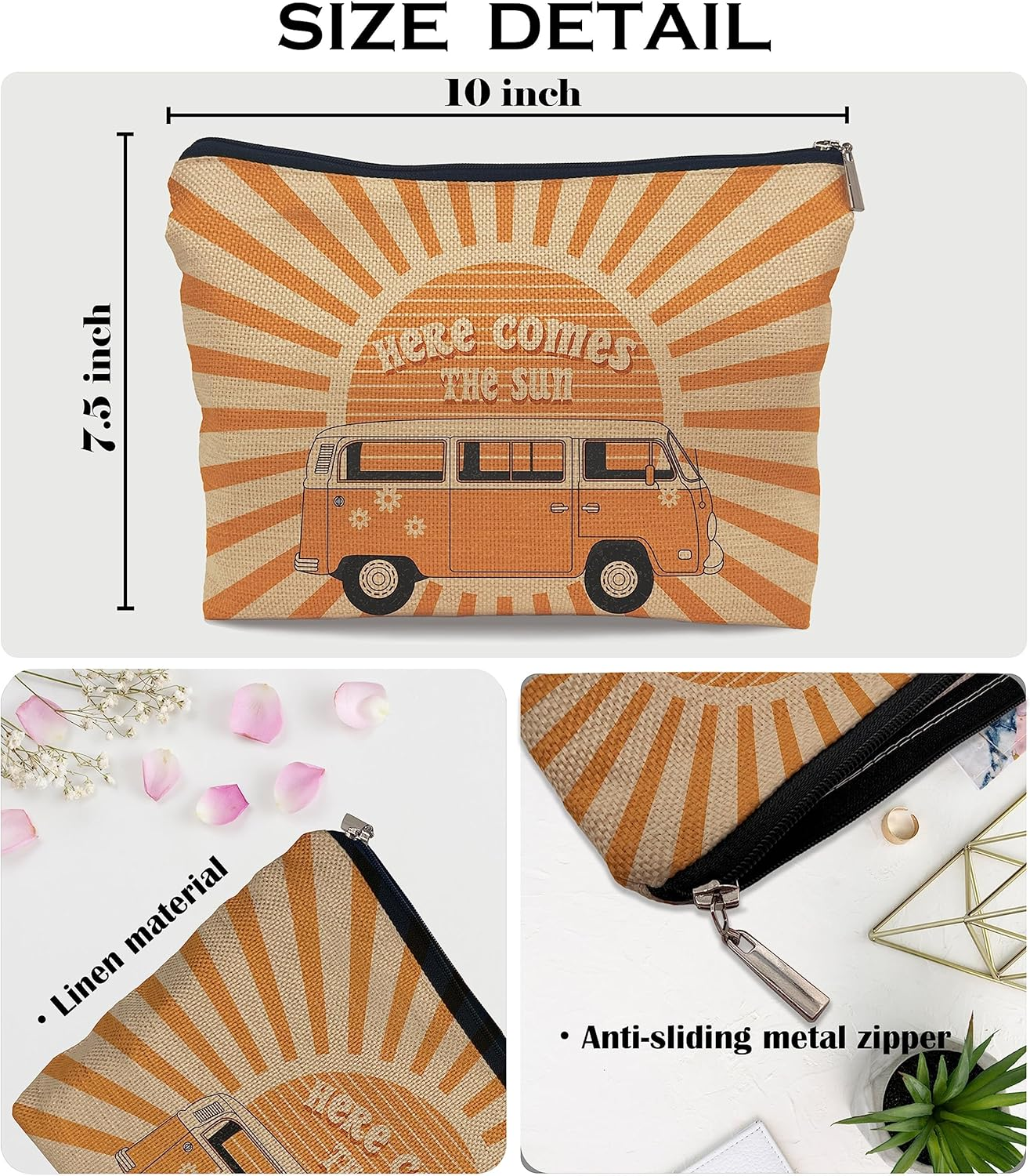 Ayxvt Here Comes the Sun Retro 70S Hippie Orange Bus Sunshine Ray Cosmetic Bag Decorative Women'S Makeup Bag, Yellow image number 6
