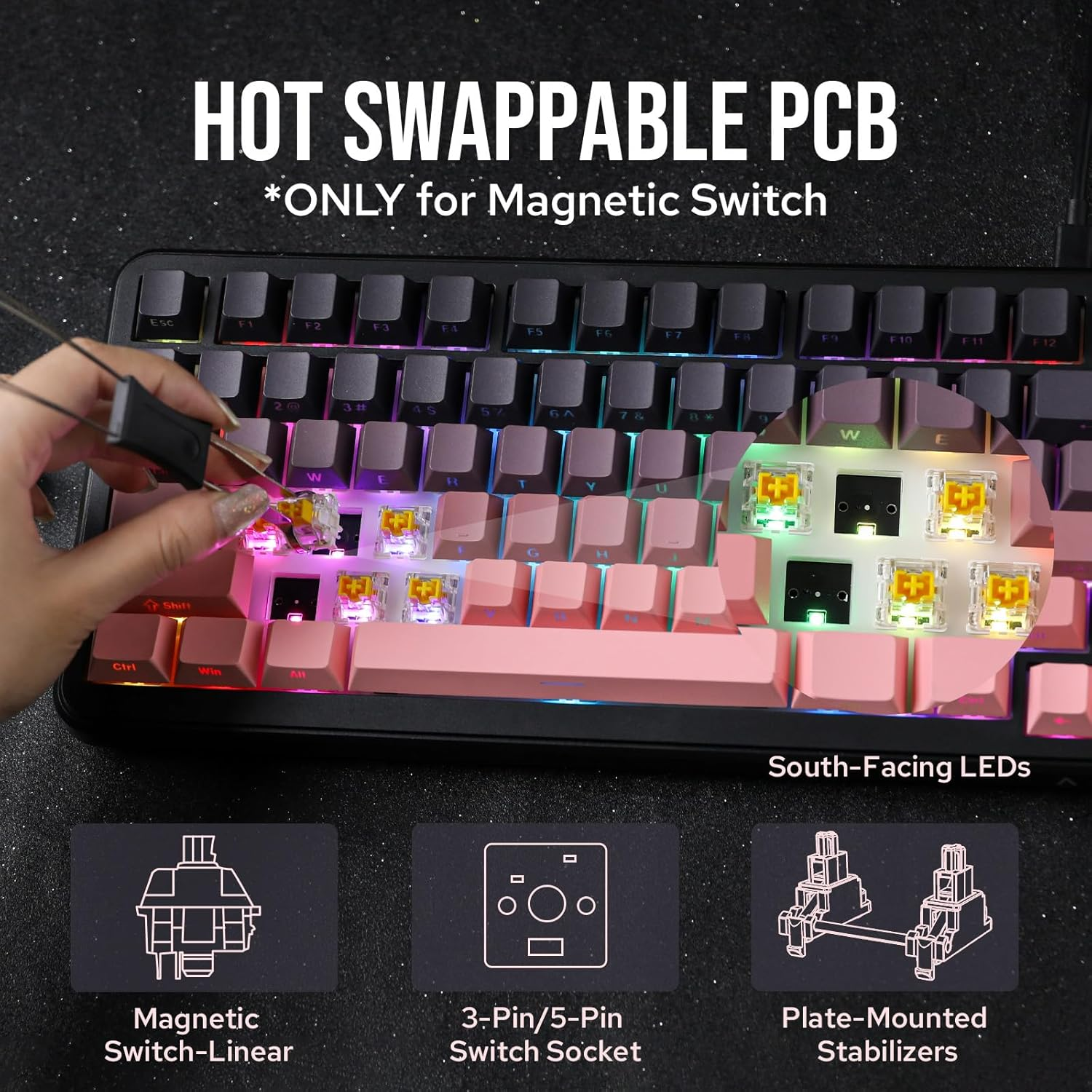 AJAZZ AK820 MAX HE Hall Effect Magnetic Gaming Keyboard, Adjustable Actuation, 8Khz Polling Rate, Wired Rapid Fast Keyboard, Creamy Gasket, RGB Backlight, NKRO for Win/Mac (Black Pink) image number 2