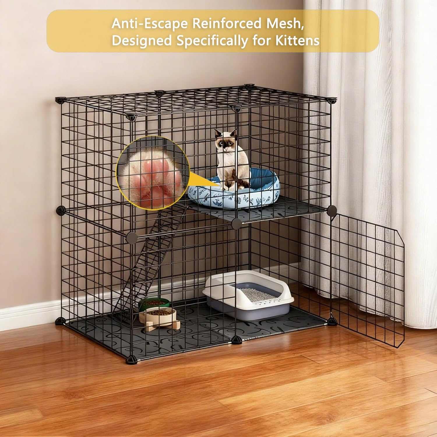 2-Tier Cat Cage, DIY Metal Wire Mesh Grid Density Detachable Pet Kennel Crate House for Small Animals, Kitty, Puppy, Rabbits Drying Box Dog Room image number 5