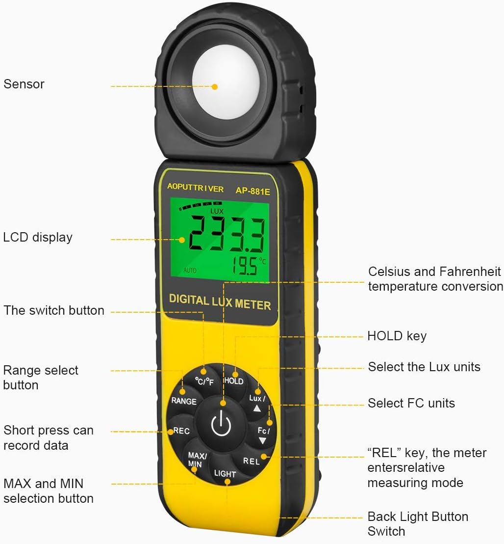 Handheld Light Meter, AOPUTTRIVER AP-881E Digital Illuminance Light Meter with 0.01~300,000 Lux (0.01~30,000 FC), Foot Candles Luxmeter with 270&ordm; Rotated Sensor with Temp(℃/℉) and Backlit for Plants - Ap881D(0.01~400,000 Lux) image number 5