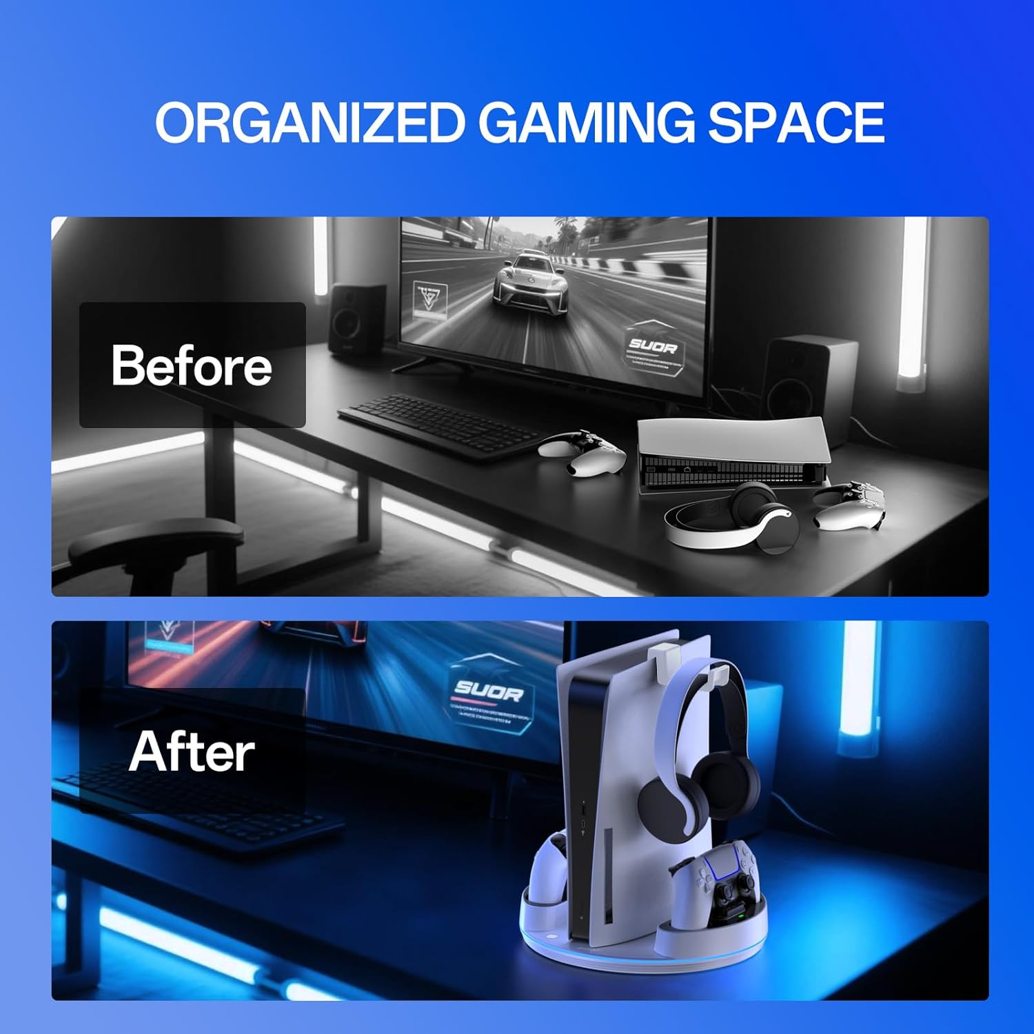 NEWDERY for P 5/Slim/Pro Console Stand, with Dual Charging Station for P 5 Controllers, Adjustable RGB Light, for Playstation 5 Controller Charger Stand - White