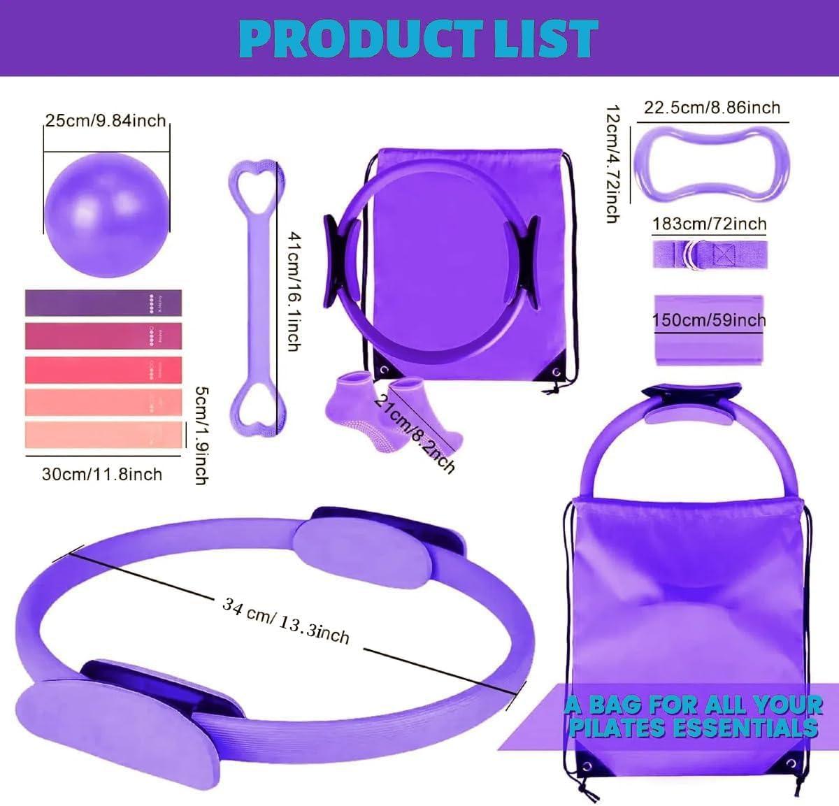 Pilates Essentials Kit for Women, 13 Piece Home Pilates Equipment Set with Ring, Bands & Yoga Ball, Beginner Friendly Home Workouts, Yoga Mat Accessories for Fitness & Stretching image number 5