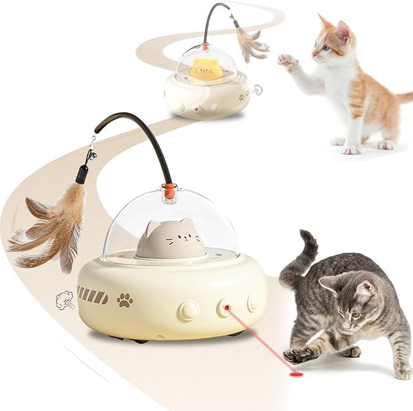 UFO Mia Rechargeable 2‑In‑1 Cat & Kitten Gift Toy with Laser & Feather Wand, Motion‑Activated Random 360&deg; Movement & Auto Sleep Mode &ndash; Interactive Indoor Cat Toy (Beige) image number 6