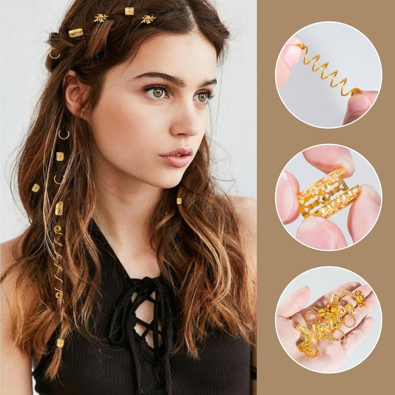 220 Pcs Gold Dreadlock Beads and Hair Cuffs Set, Decorative Hair Accessories Kit with Spiral Coils and Braiding Rings image number 4