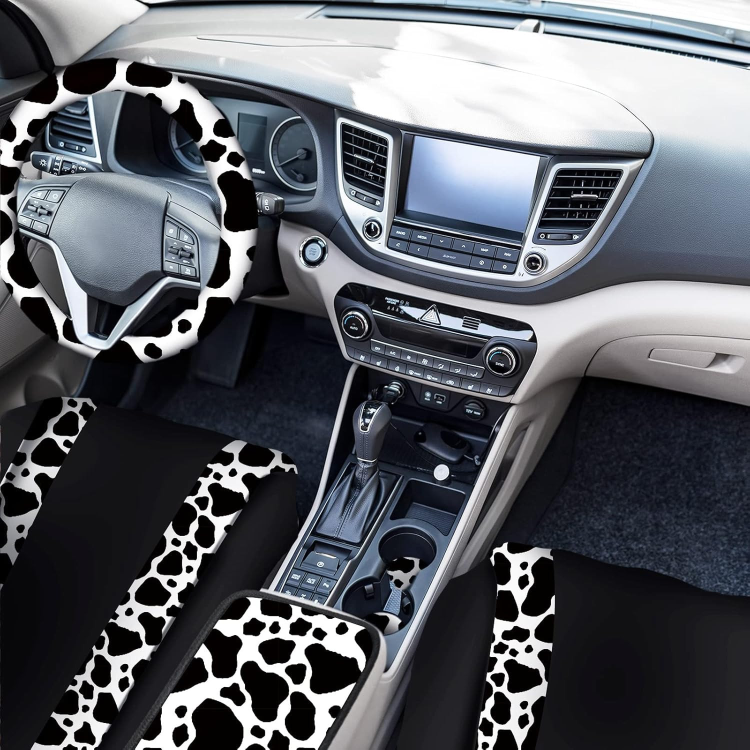 BBTO 26 Pcs Cow Print Car Accessories Cow Print Seat Covers Set Steering Wheel Cup Holders Foot Armrest Pads License Plate Seat Belt Mirror Handbrake Gear Cover Keyring for Truck SUV image number 6