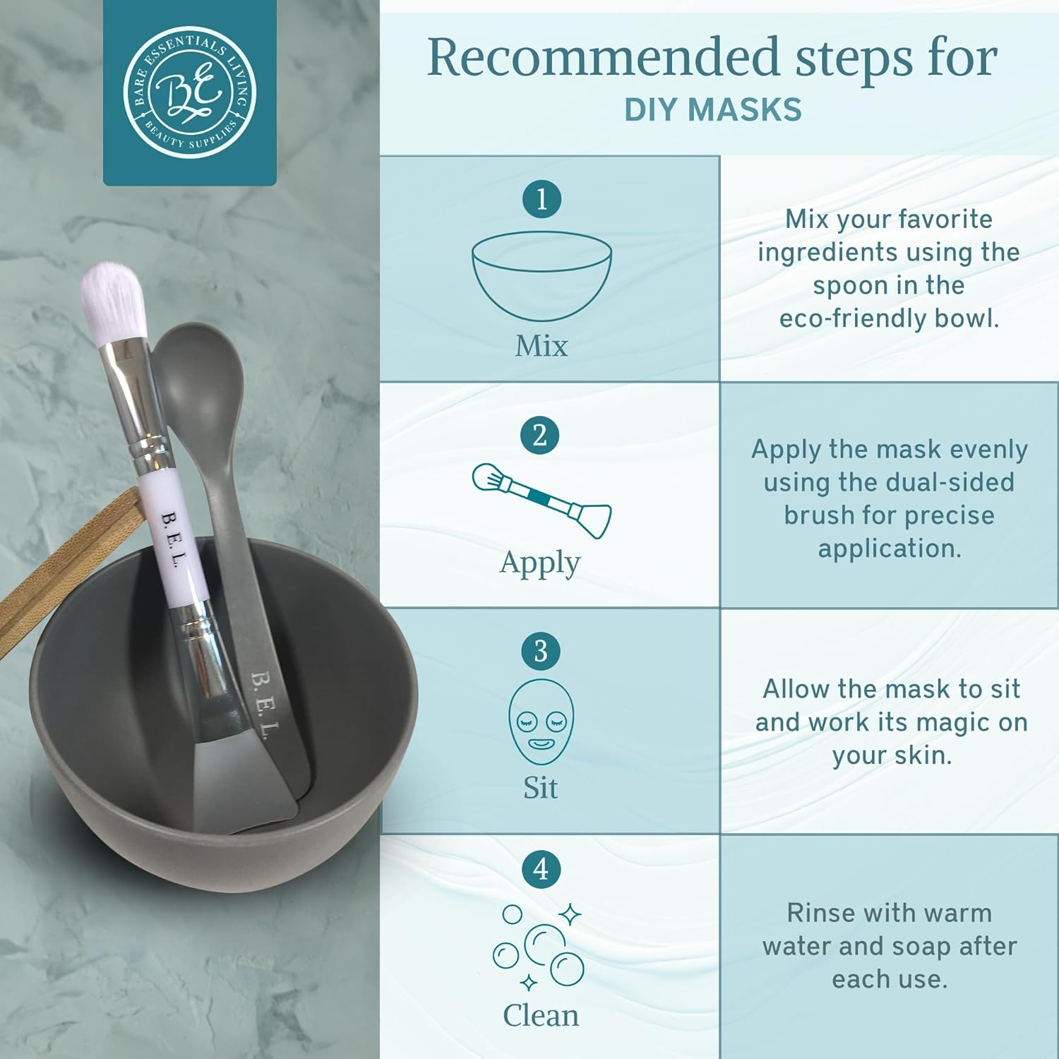 Bare Essentials Living - Clay Face Mask Mixing Bowl Set, Skin Care Kit Facial Bowls with Bamboo Lid, Face Mask Spoon, & Dual Sided Face Mask Brush Applicator for DIY Facials & Hair Mask (Blue Floral) image number 3