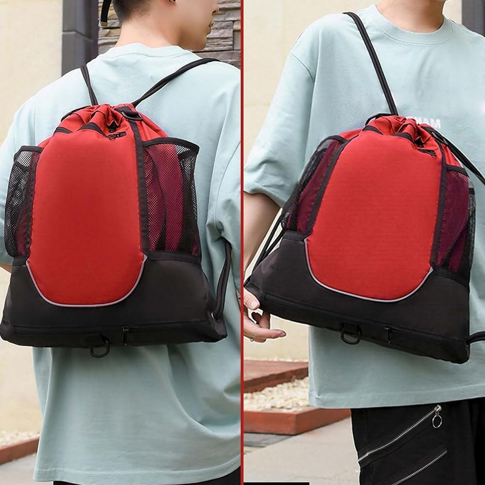 Drawstring Basketball Backpack with Detachable Mesh Ball Bag &ndash; Lightweight Foldable Sports Sackpack for Teens & Adults, Gym Bag for Basketball, Soccer, Volleyball & Yoga, Red image number 3