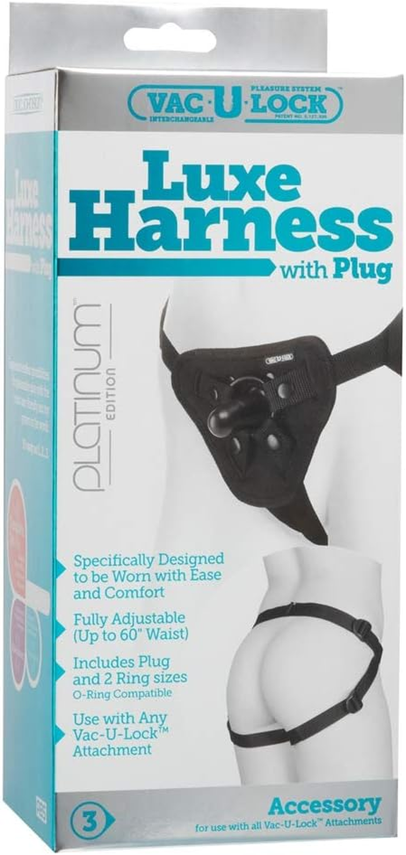 Doc Johnson Vac-U-Lock Platinum - Luxe Harness with Vac-U-Lock Plug and 3 Different Sized O-Rings - Compatible with O-Ring and Vac-U-Lock Dildos - Accommodates Up-To 69" Waist image number 5