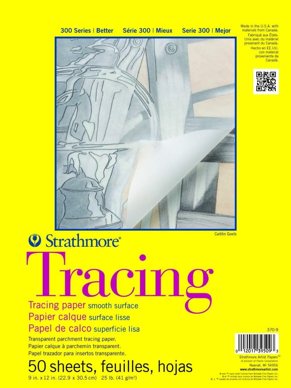 Strathmore 300 Series Tracing Paper Pad, Tape Bound, 11X14 Inches, 50 Sheets (25Lb/41G) - Artist Paper for Adults and Students, White - 9X12