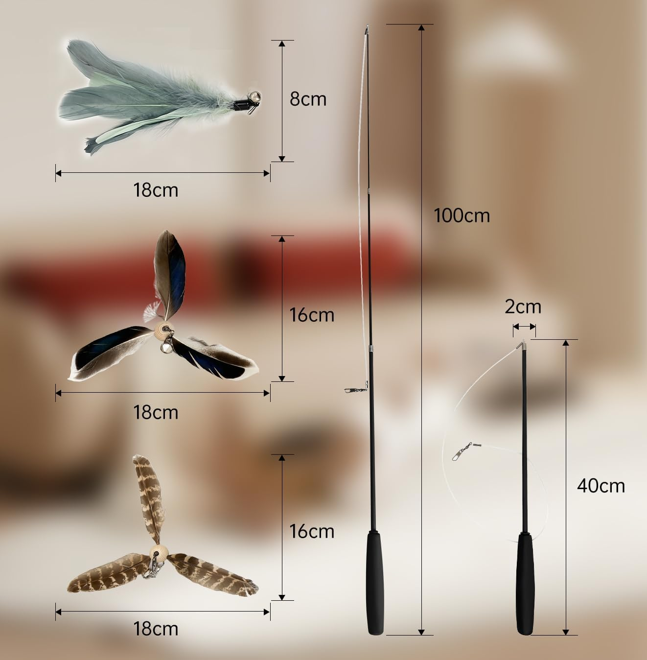 Cat Toys Natural Feather Cat Wand with 3-PCS Refills Chemical-Free Indoor Play for Cats image number 4