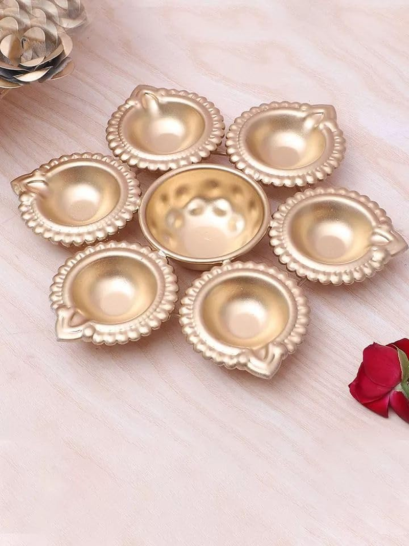 R Ayurveda Copper Diya Shape Iron Flower Decorative Urli for Home | Handcrafted | Golden | Decorative Metal Diya Traditional Golden Bowl Table Decor Gift (Diya URLI Bowl 7 INCHES 6 Diya) image number 2