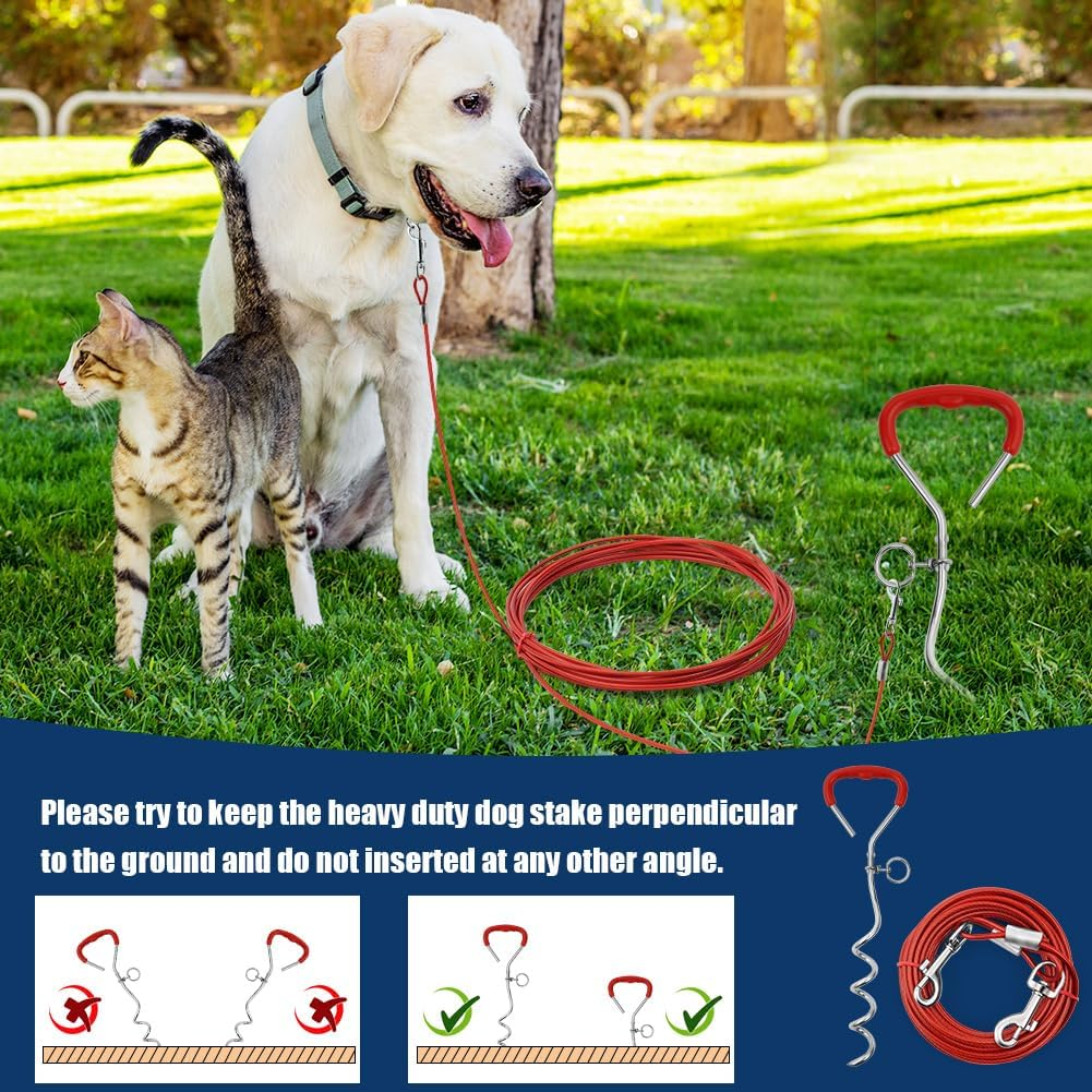 Aomig 6M Red Dog Tie Out Cable with Spiral Ground Stake, Heavy Duty Dog Lead Stake, Sturdy Dog Accessory for Outdoor, Yard