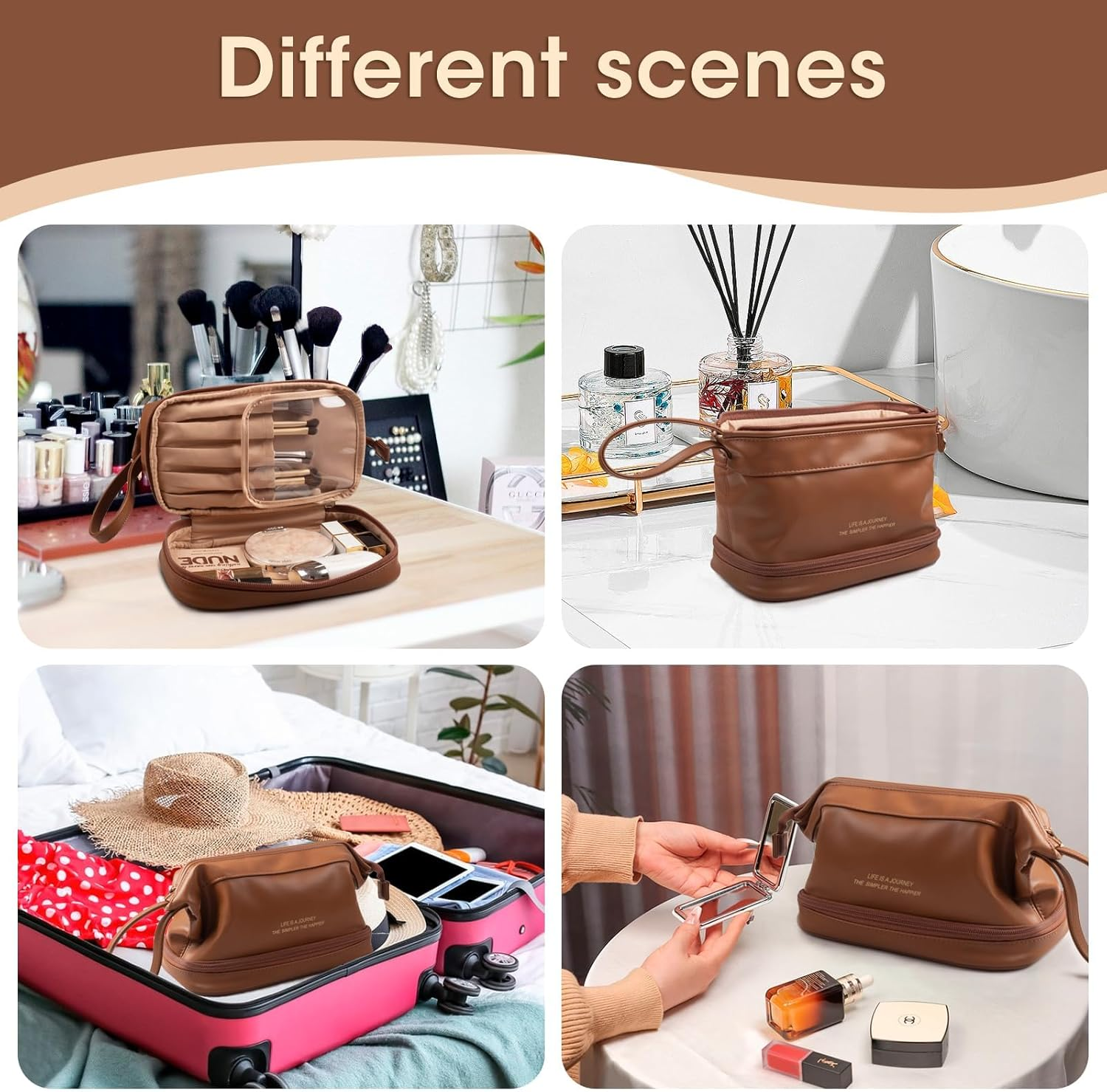 IKEEP Women'S Travel Makeup Bag - Premium PU Large Capacity Toiletry Organizer with Multiple Compartments, Portable Water-Resistant Cosmetic Bag (Brown)