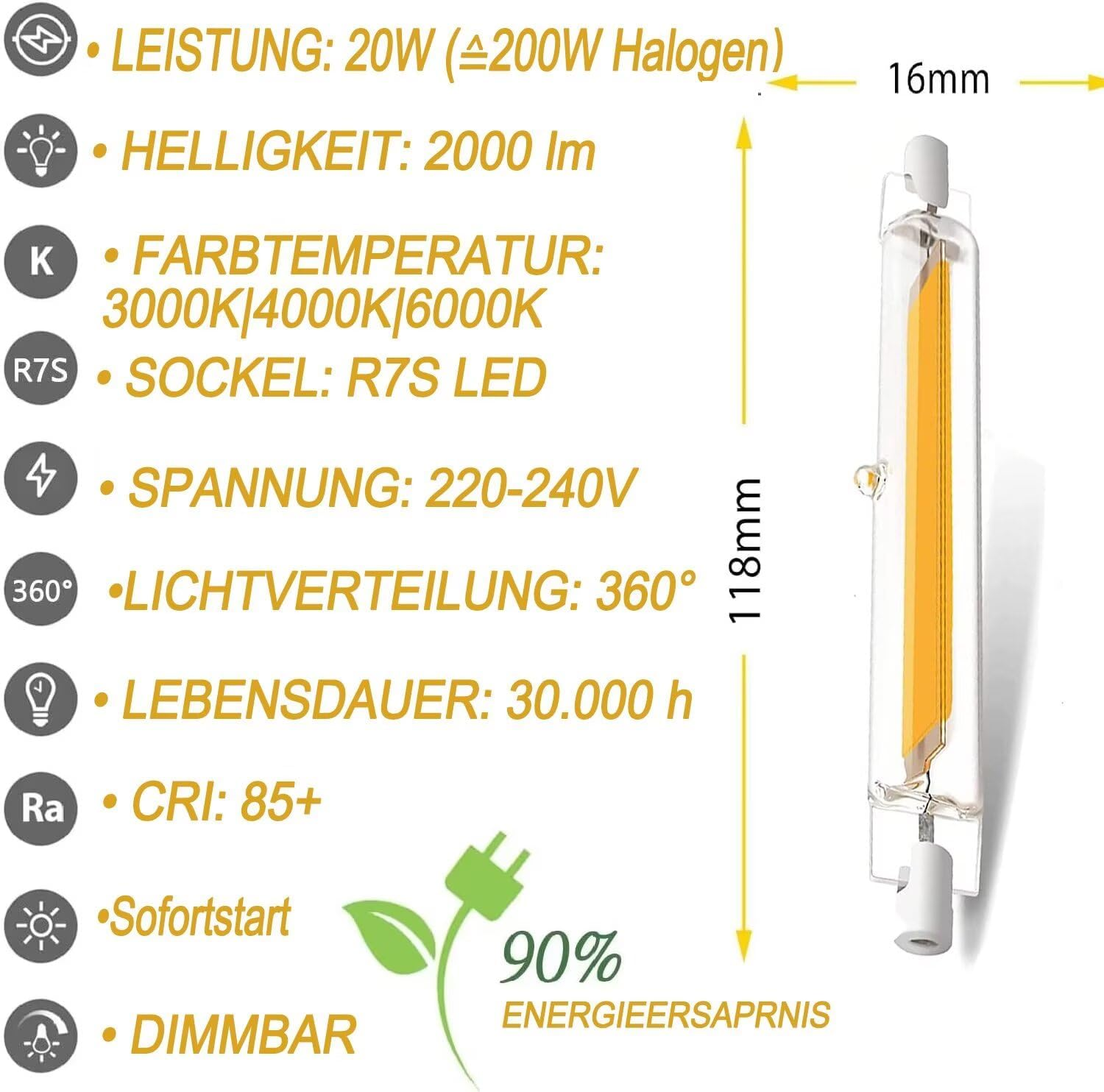 FDHVCB R7S LED 118Mm 20W Dimmable - Direct Replacement for 200W Halogen Rod J118, Neutral White 4500K 2000LM Flicker Free - Saves 90% Energy 360&deg; Light (Pack of 2) image number 5