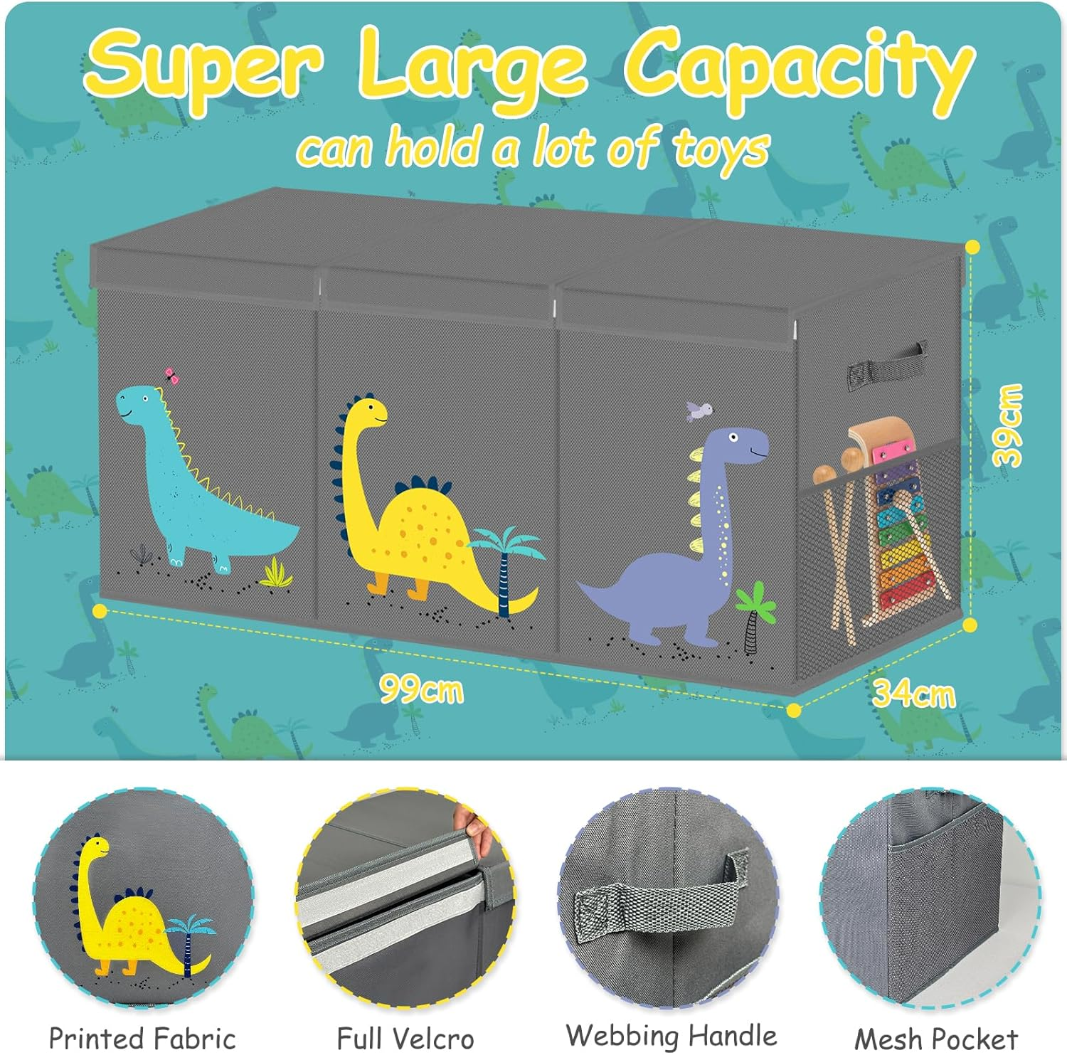 VERONLY Extra Large Toy Box Storage for Boys Girls - Collapsible Toy Chest Organizer for Kids,Toy Bin Container with Lid and Handles for Clothes, Nursery, Playroom, Bedroom,Stuffed Animals,Quilt(Grey) image number 6