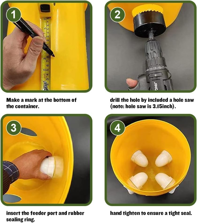 Chicken Feeder Kit,Automatic Poultry Feeder Ports Kit, No Waste Waterproof Feeder Ports Kit 4 Ports 1 Hole Saw with Covers for Buckets, Bins, Troughs image number 6