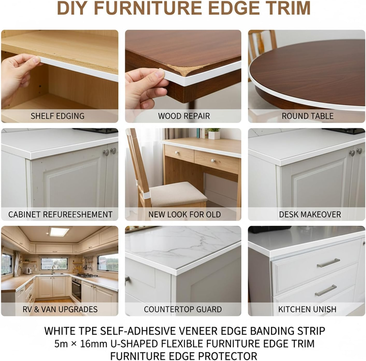 Edge Protector for Cabinets, Desk, and Furniture &ndash; White TPE Self-Adhesive Edge Banding Tape, Compatible with Various Surfaces, 5M Length, Width 16Mm，Easy to Apply &ndash; CRFY image number 3
