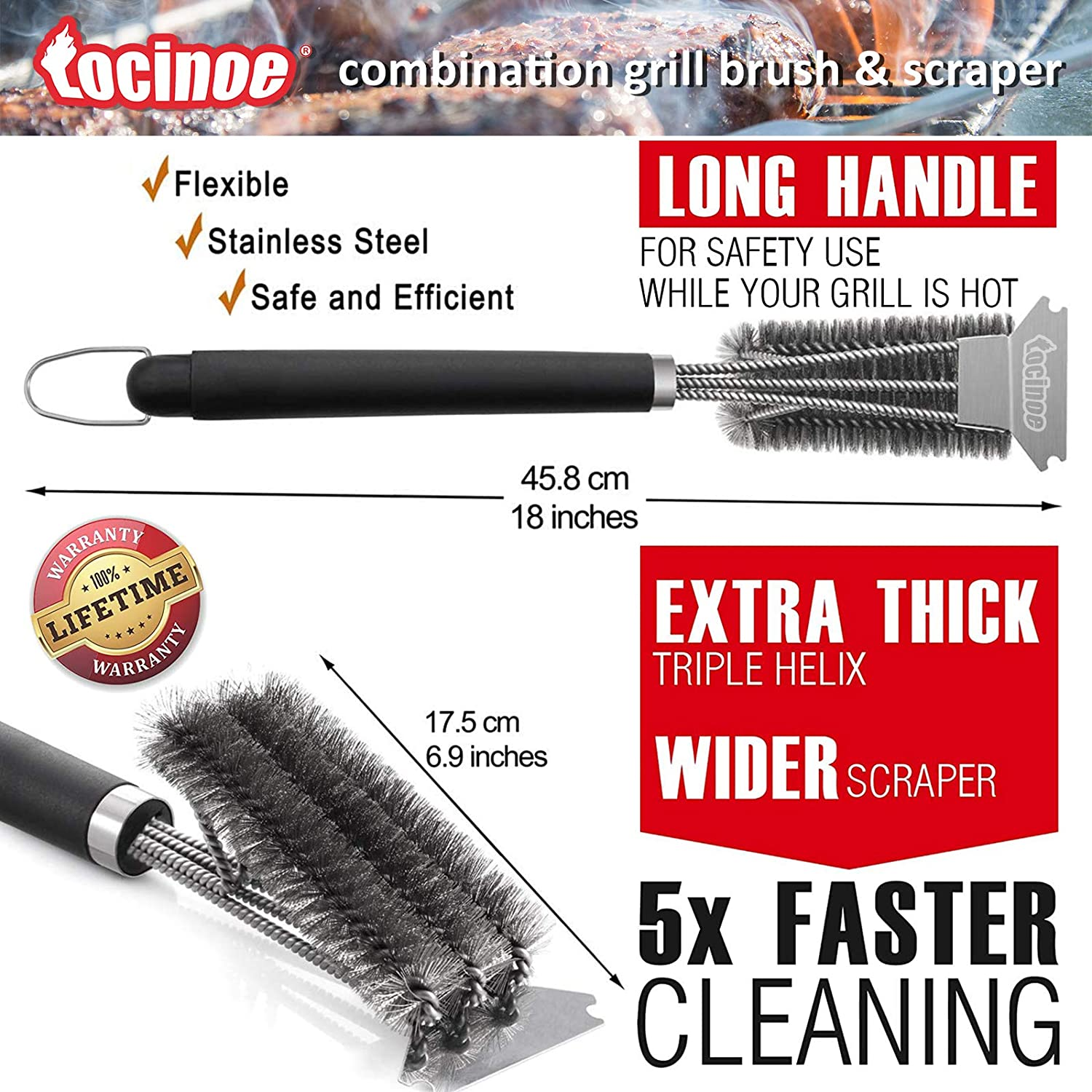 Grill Brush and Scraper - Extra Strong BBQ Cleaner Accessories - Safe Wire Bristles 18" Stainless Steel Barbecue Triple Scrubber Cleaning Brush for Gas/Charcoal Grilling Grates, Wizard Tool&hellip; image number 5