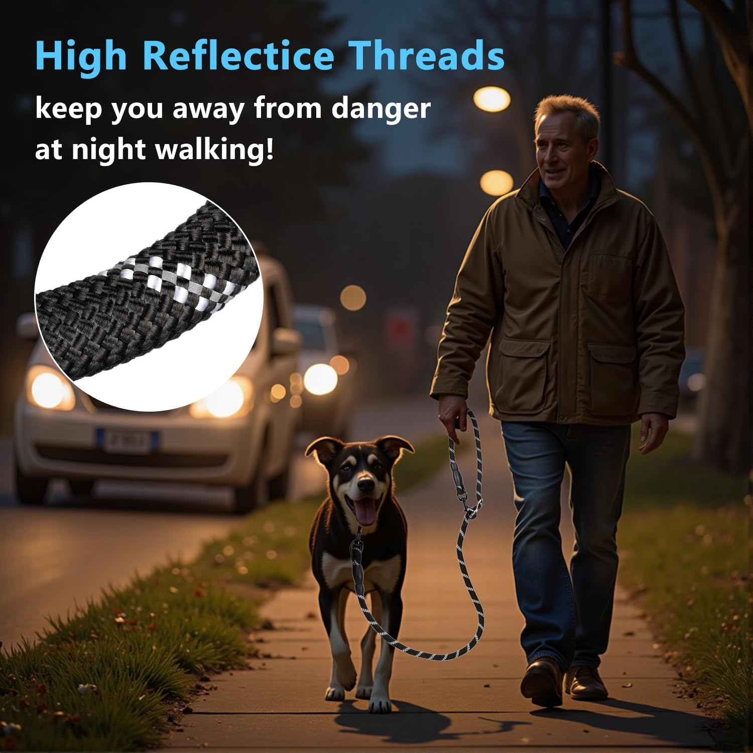 Double Dog Lead for Large Dogs, Nylon, round and Bite-Proof with 2 Carabiners, 3.4 M (Length) X 14 Mm, Black image number 2