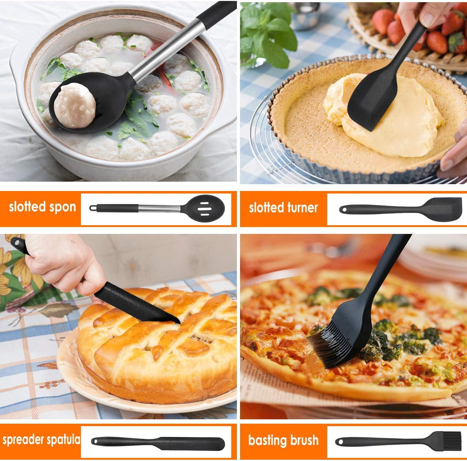 Kitchen Utensils Set, 15 Pcs Silicone Cooking Utensils Set, Non Stick and Heat Resistant Cookware, Cooking Tools with Holder(Black) image number 3