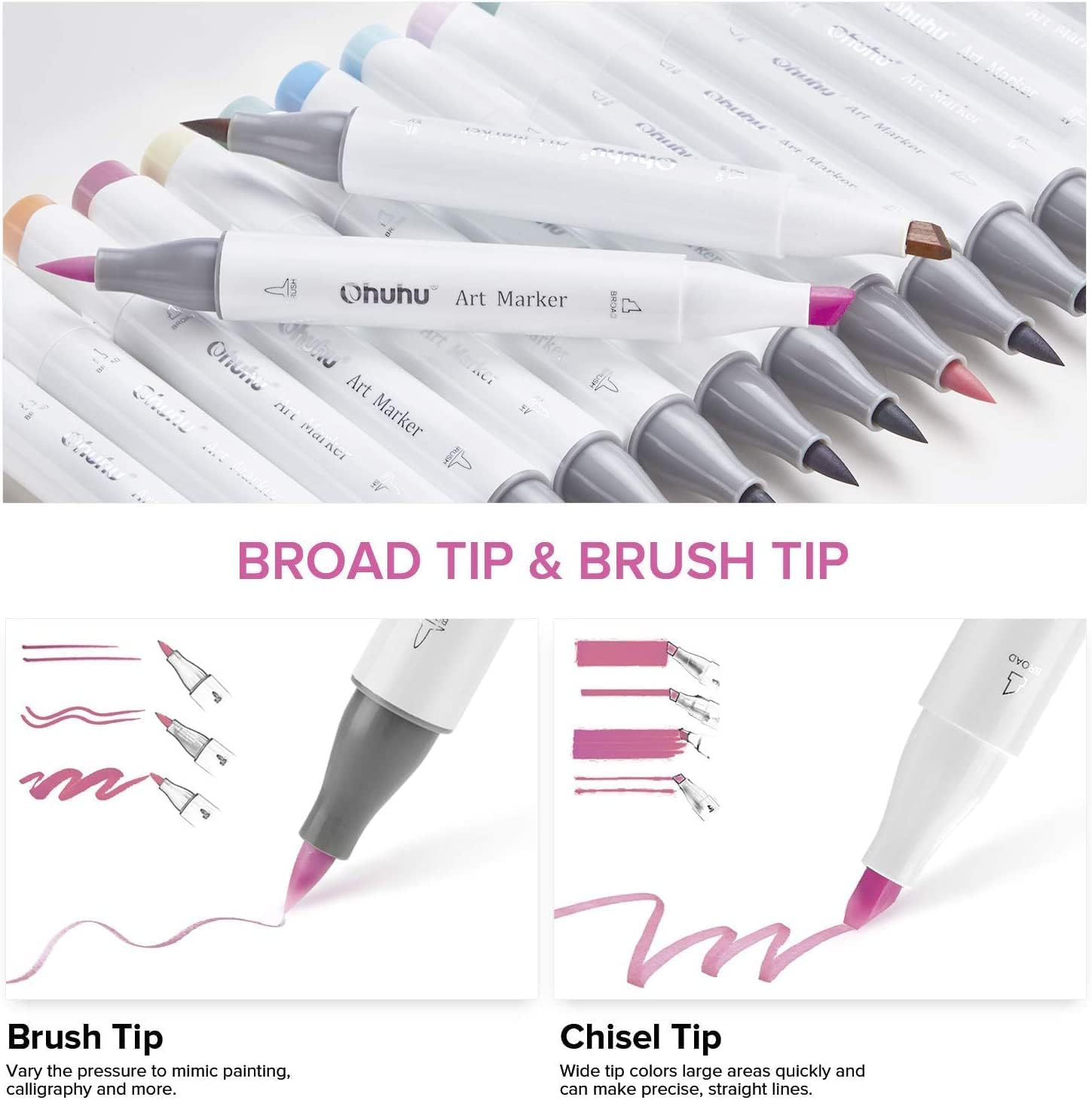 48 Pastel Colors Alcohol Brush Markers, Ohuhu Double Tipped (Brush & Chisel) Sketch Markers for Kids, Artist Art Markers, Adult Coloring and Illustration, Comes W/ 1 Colorless Alcohol Marker Blender image number 6