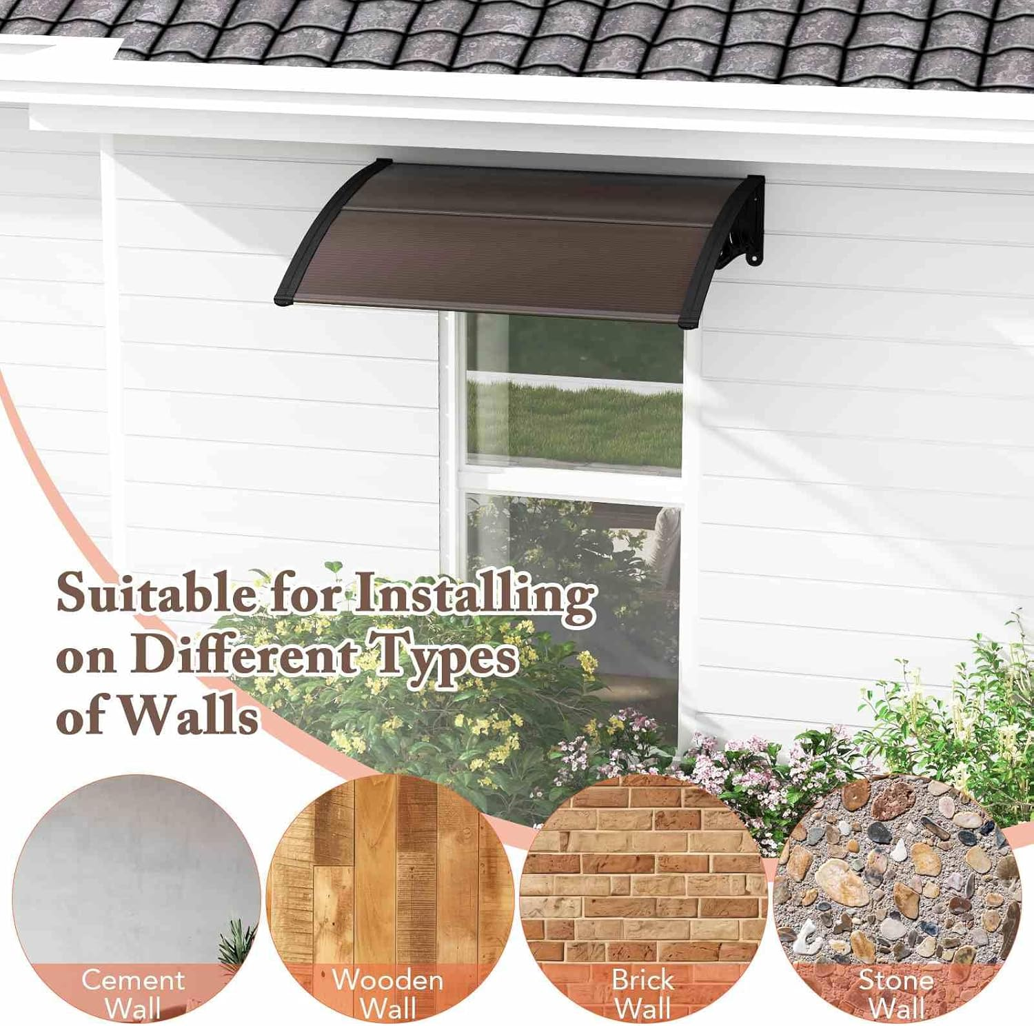 Costway 122 X 99Cm Window Door Awning Canopy W/ UPF50+ Sun Rain Snow Protection Hallow Polycarbonate Sheet, Entry Door Outdoor Patio Overhang Awing Exterior (Coffee) image number 1