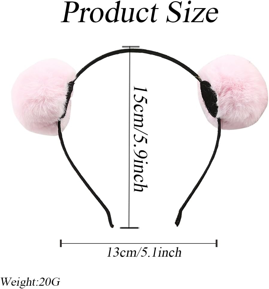 OHEETU 3 Pcs Panda Ears Headband Fluffy Pom Pom Hair Hoop Costume Party Head Wear Accessories for Halloween Christmas Birthday (Black+White+Pink) image number 6