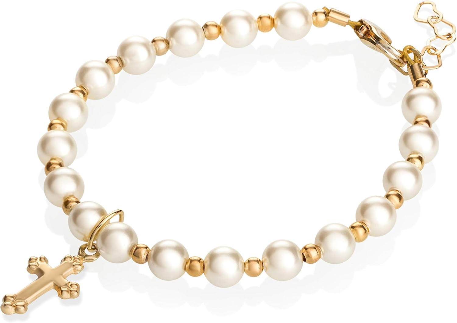 Christening 14KT Gold-Filled Beads with Cream Swarovski Simulated Pearls and Cross Charm Luxury Unisex Baby Bracelet (BGC) image number 1