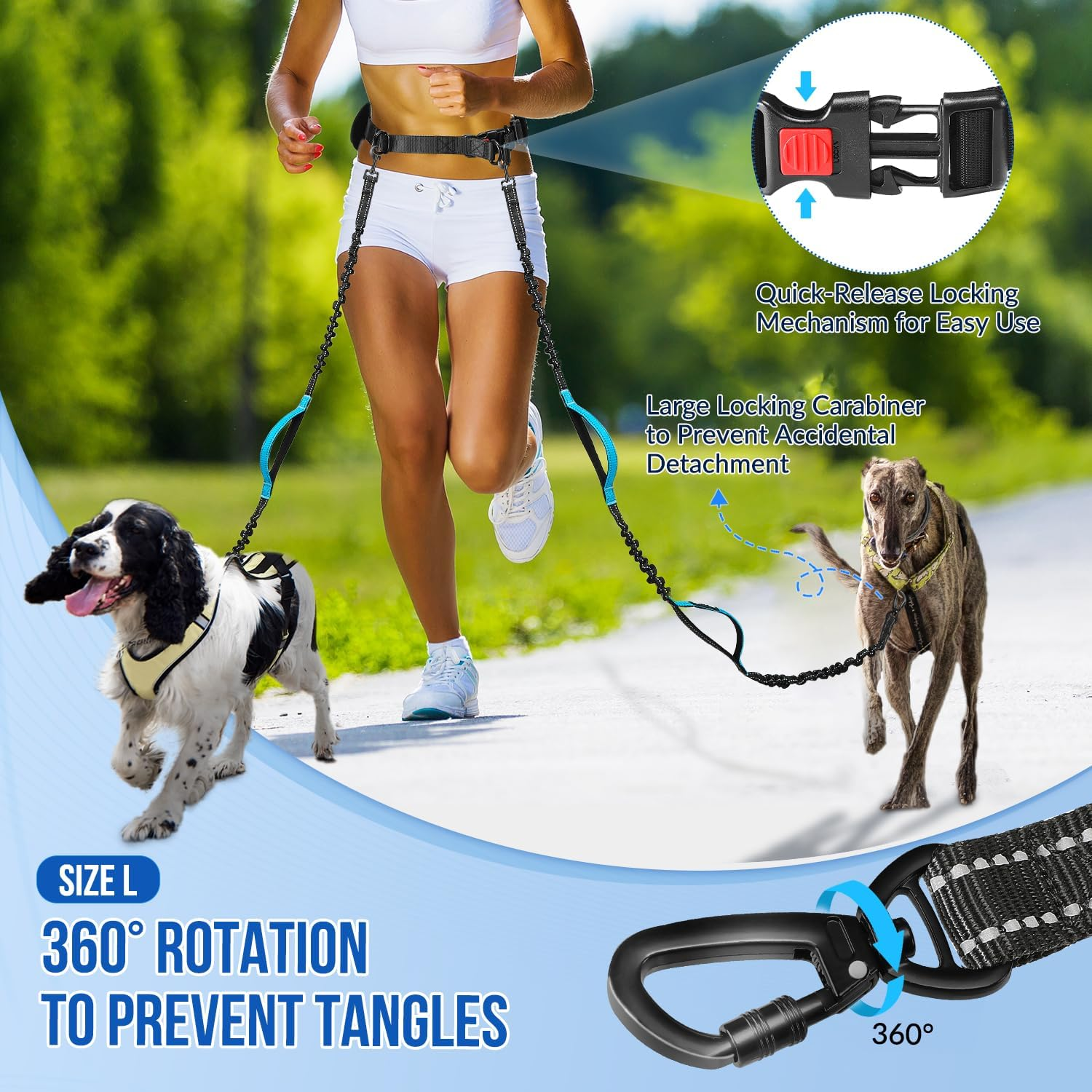 Slowton Hands Free Dog Leash with Removable Zipper Pouch, Shock Absorbing Bungee Leash, Dual Handle and Reflective Stitches, Wide Padded Adjustable Waist Leash for Dogs Training Running Jogging image number 2