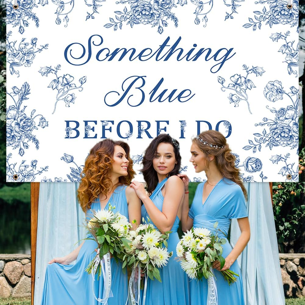 AIBIIN Blue Floral Bridal Shower Backdrop Something Something Blue before I Do Decorations Love Is Sweet Wedding Bachelorette Engagement Banner Party Supplies 5.9X3.6Ft image number 4