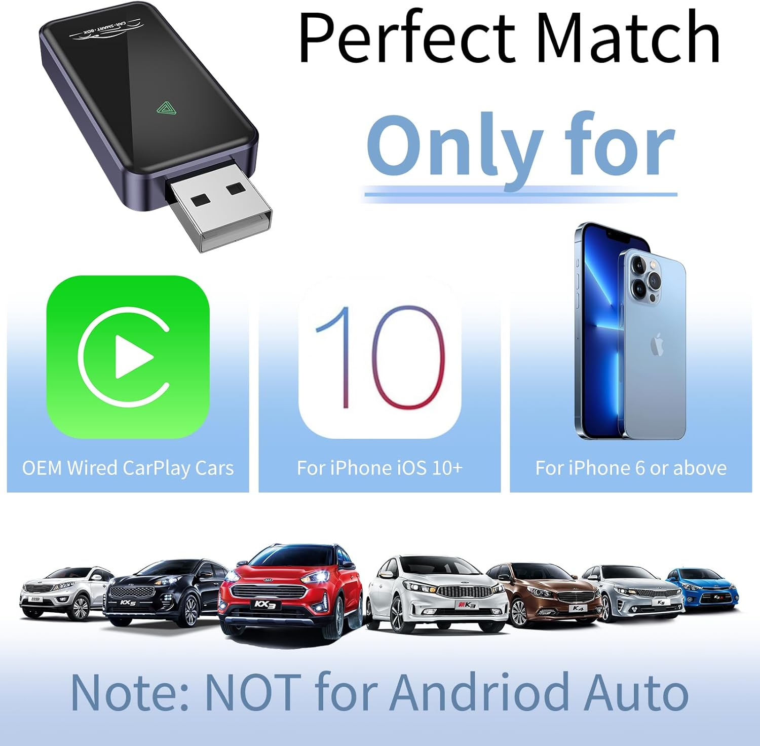 Kinsdan Wireless Carplay Adapter for Iphone Only, Convert Wired to Wireless Carplay, Plug & Play, No Latency, Fit for 2015+ Vehicles & Ios 10+