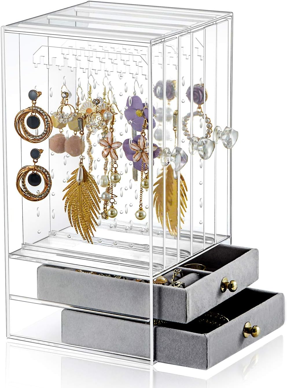 Sooyee Acrylic Earring Holder and Jewelry Organizer with 5 Drawers,Dustproof Jewelry Stand Rack Display Classic for Necklaces Bracelet Earrings and Ring,Clear image number 2