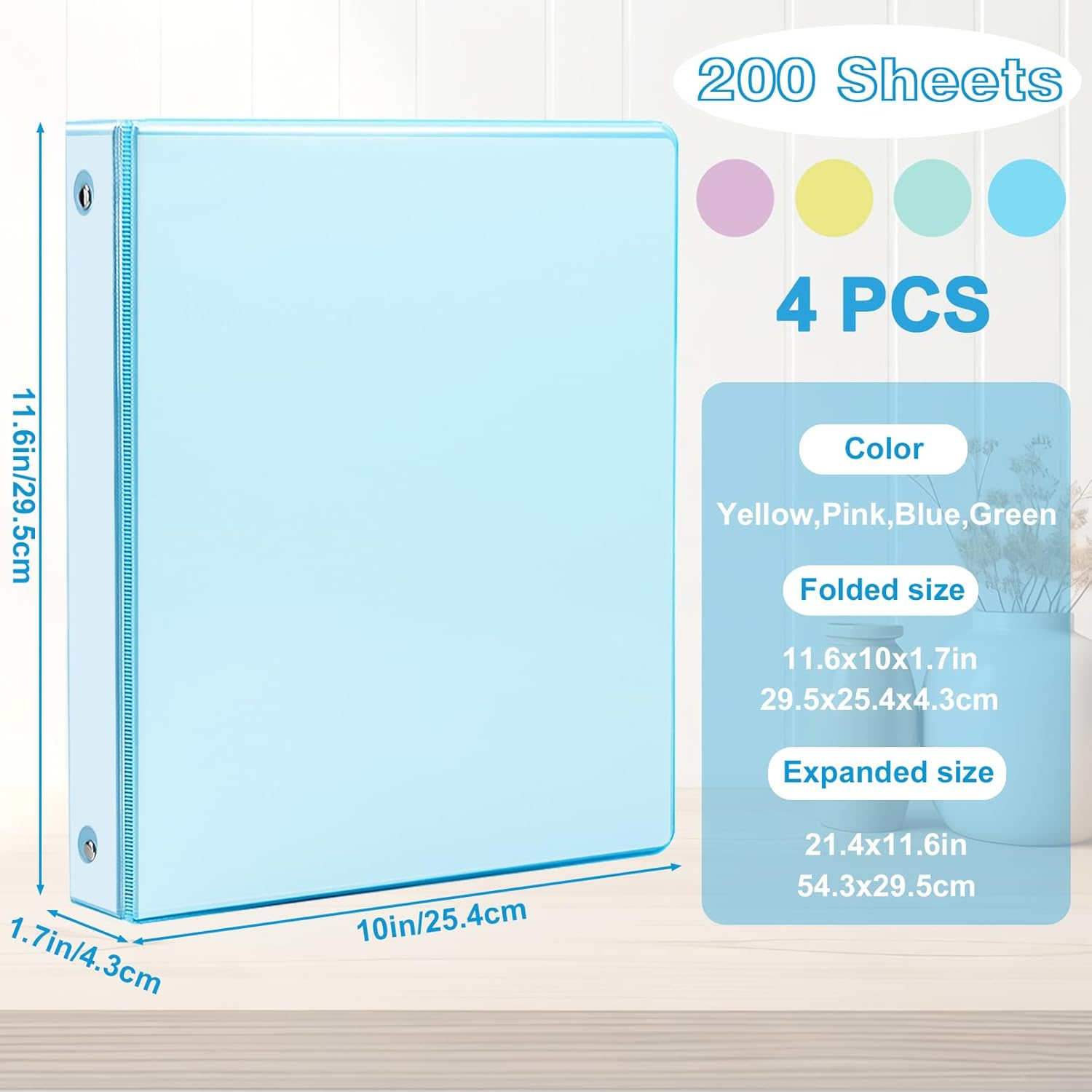 PUREZON 4 Pack 1 Inch 3 Ring Binders,Clear View Cover with 2 inside Pockets, Fits 8.5" X 11" Letter Size,Holds 200 Sheets,Clear View Binder for School,Home,Office Supplies (4 Pastel Colors) image number 2