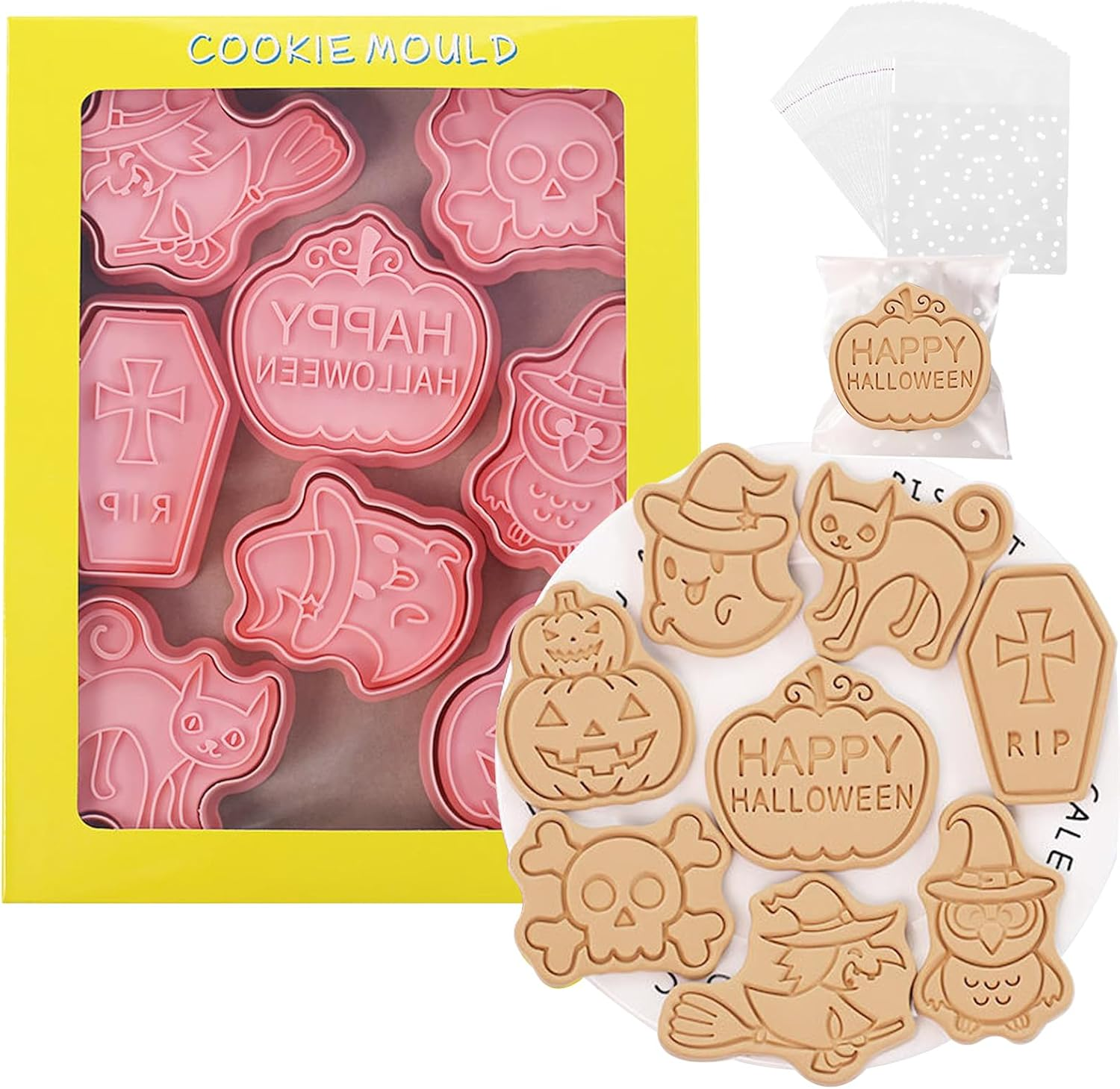 108Pcs Halloween Cookie Cutters Set, Including 8Pcs Biscuit Cutters and 100Pcs Clear Cookie Bags, Fun Baking Molding Cookie Baking Mould Plastic 3D Cookie Stamps Embossing Cutters for Biscuit