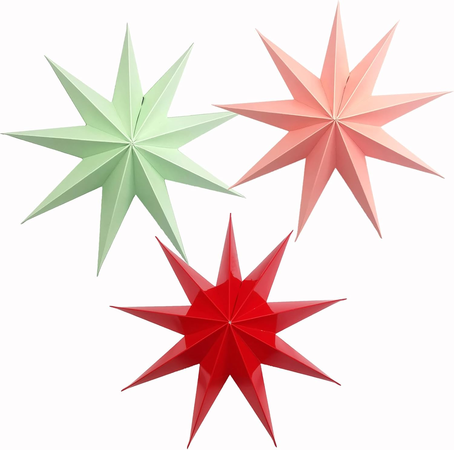 YUESUO 3 Pcs Paper Star 9 Pointed Star Lantern Hanging Christmas Day Decoration for Wedding Birthday Party Home Decor (Gold+Silver+Colorful)