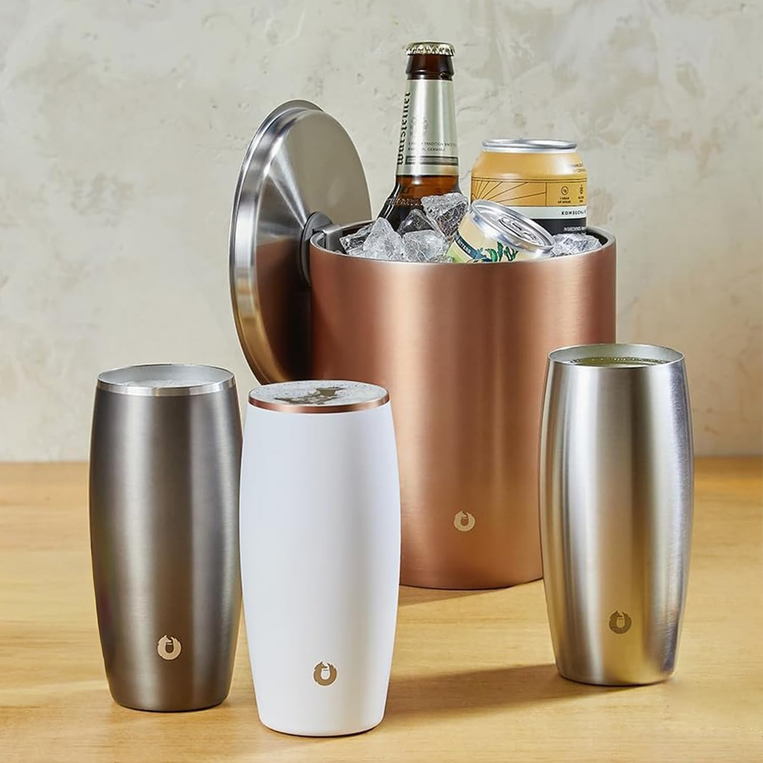 SNOWFOX Premium Vacuum Insulated Stainless Steel Beer Home Bar Accessories-Elegant Bartending-Lightweight Pint Glasses-Sleek Drinkware-Frosty Beverages Stay Cold, 2 Count (Pack of 1), White/Gold image number 5