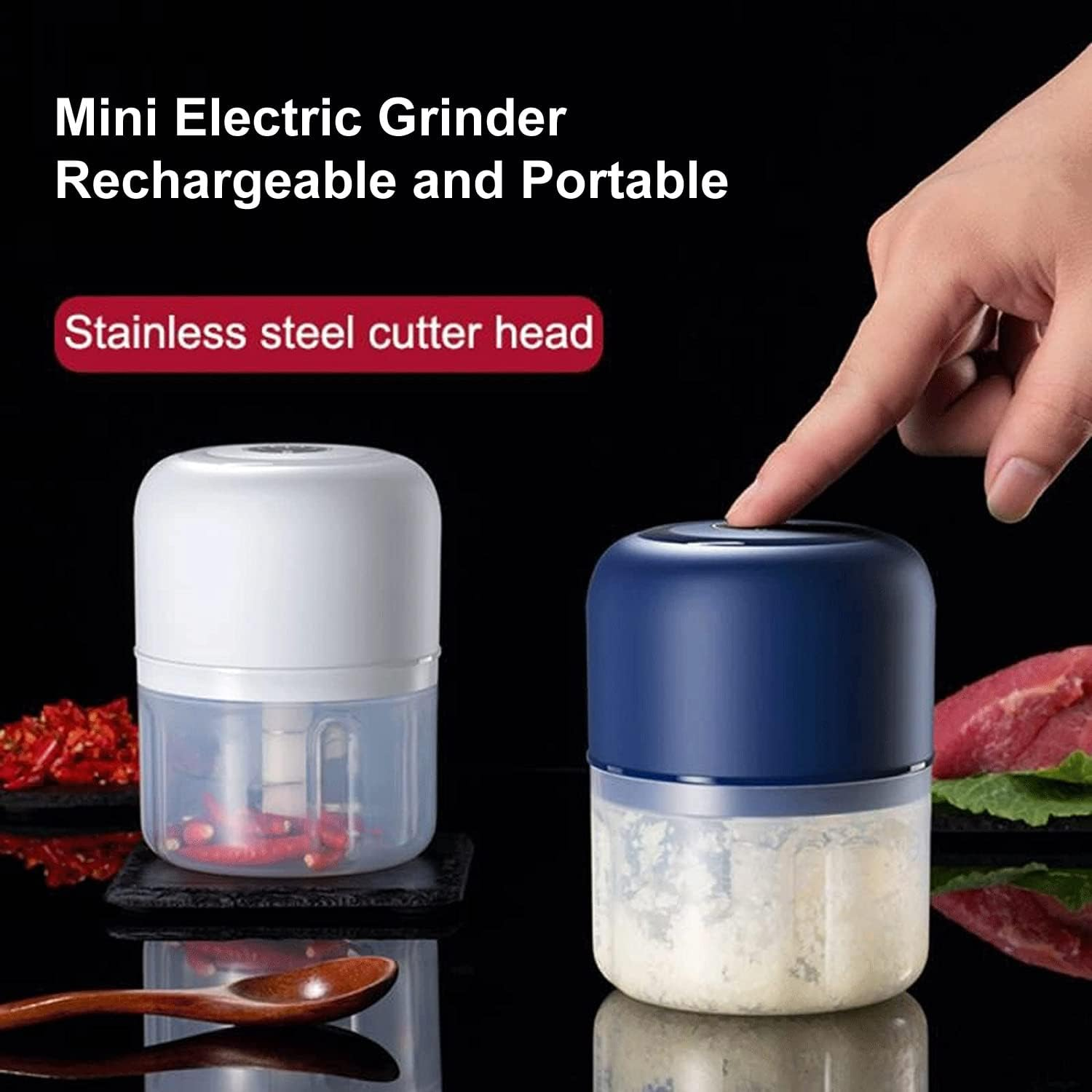 NDBOX Mini Electric Garlic Chopper 250Ml - Portable USB Rechargeable and Lightweight Spice Blender for Onion, Tomato, Ginger, Beans - Three Blades Handy Food Processor Mincer (White)