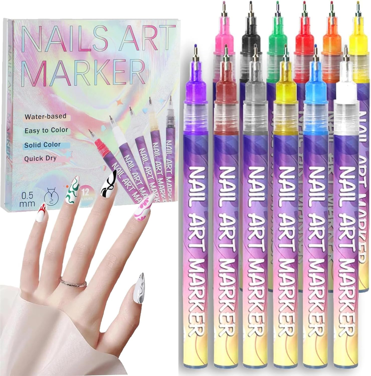 12 Colors Nail Art Pens Set 3D Nail Polish Pens Graffiti Dotting Pen Acrylic Paint Pens Point Liner Pen Drawing Painting for Nails Art Design Manicure Nail DIY Decoration (Basic Style) image number 3