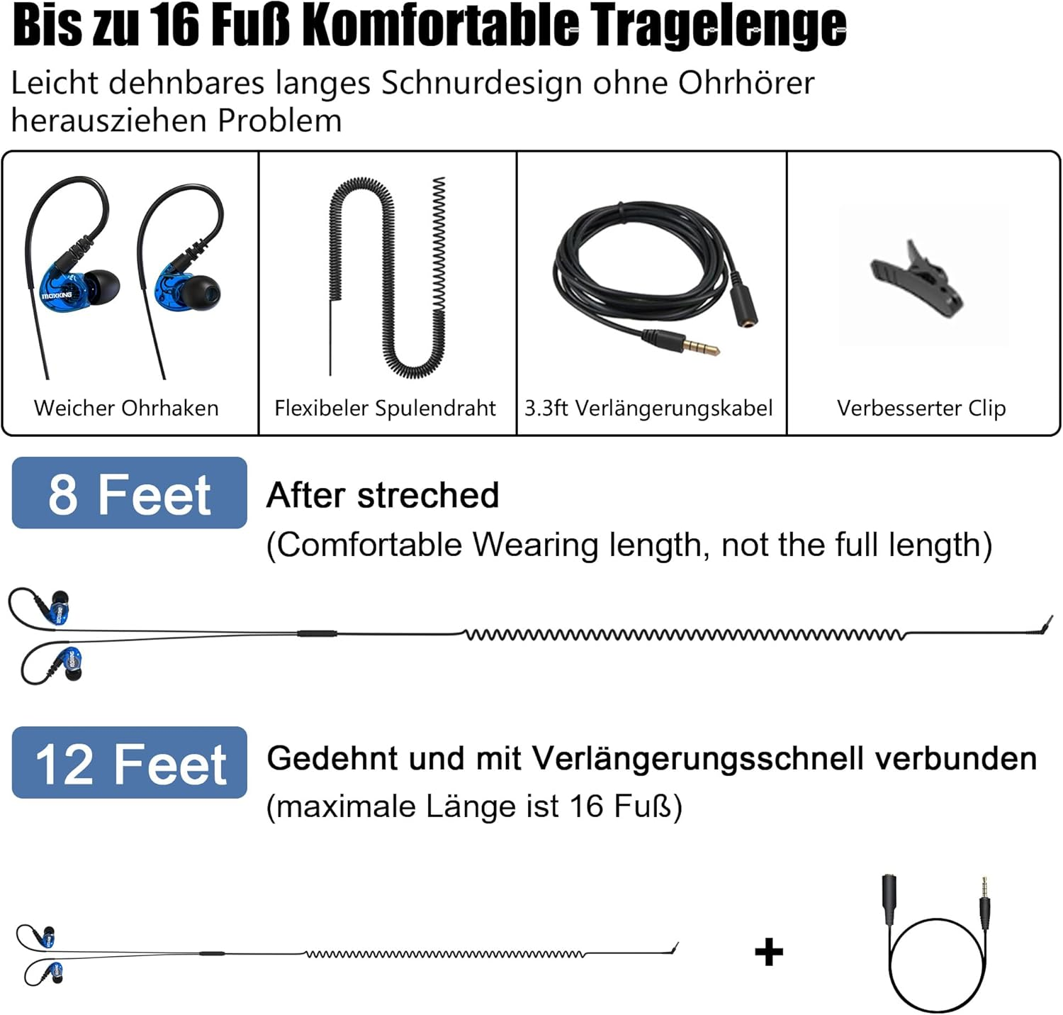 MOXKING Headphones for TV with Long Cable Earphones, 16 Ft / 4.8 M Extension Cable Headphones for PC, 3.5 Mm Audio Output (Blue) image number 3