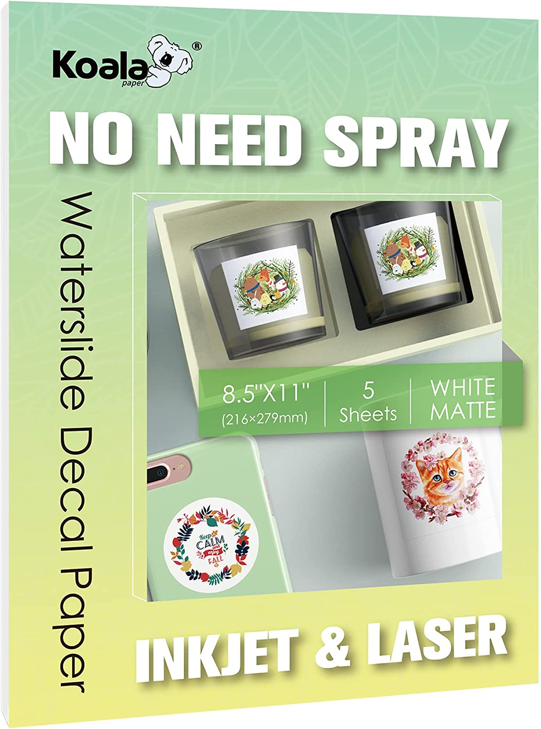 KOALA Matte Waterslide Decal Paper for INKJET & LASER Printers, No Need Spray Coating, White 8.5X11 Inch Water Slide Paper for DIY Tumbler, Mug, Nail Crafts, 5 Sheets image number 1